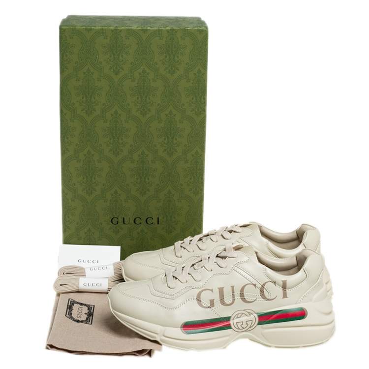 Pre Owned Gucci Beige Leather Rhyton Gucci Logo Low Top Sneakers Size 41