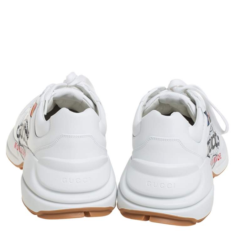 Pre Owned Gucci White Leather Rhyton Worldwide Print Low Top Sneakers Size 44.5