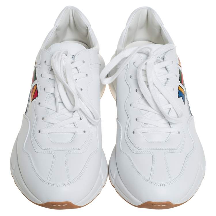 Pre Owned Gucci White Leather Rhyton Worldwide Print Low Top Sneakers Size 44.5
