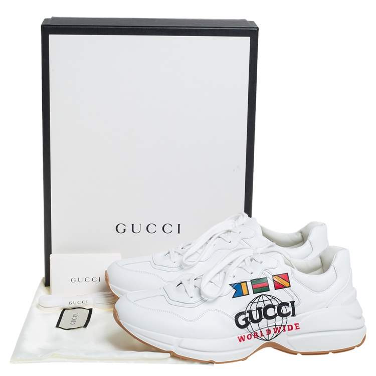 Pre Owned Gucci White Leather Rhyton Worldwide Print Low Top Sneakers Size 44.5