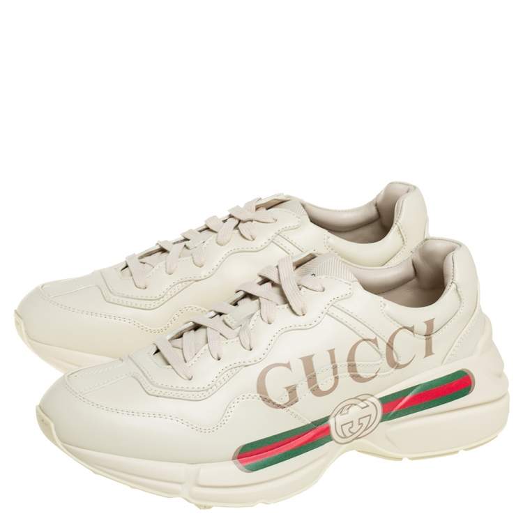 Pre Owned Gucci Cream Leather Rhyton Gucci Logo Low Top Sneakers Size 41 