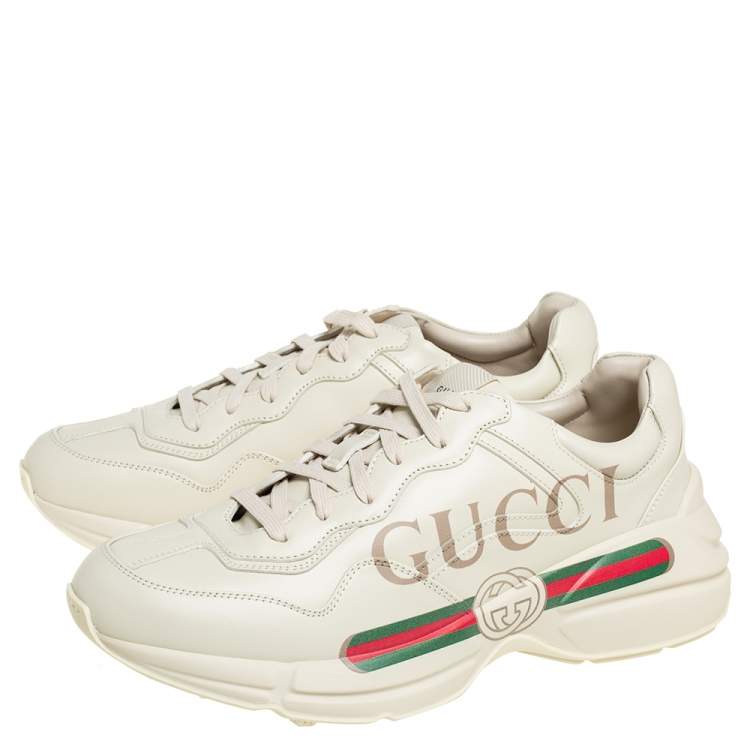 Pre Owned Gucci Cream Leather Rhyton Gucci Logo Low Top Sneakers Size 42