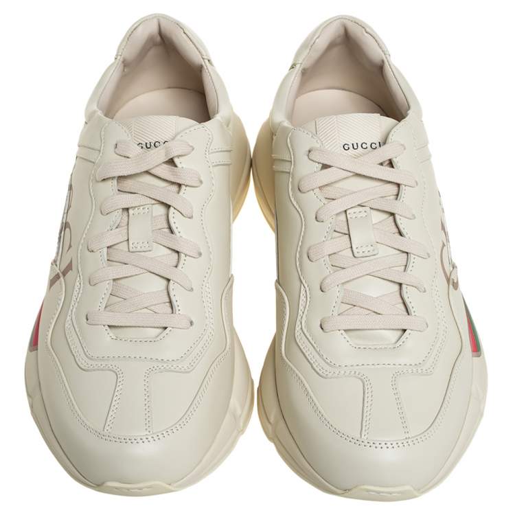 Pre Owned Gucci Cream Leather Rhyton Gucci Logo Low Top Sneakers Size 42