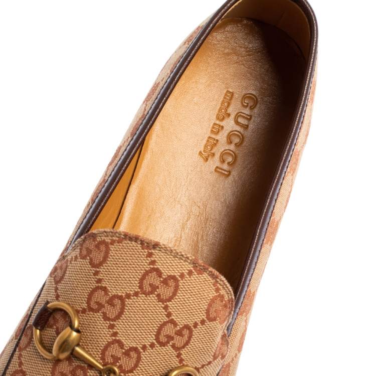 Pre Owned Gucci Beige GG Canvas Jordaan Horsebit Slip On Loafers Size 45