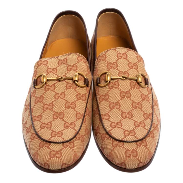 Pre Owned Gucci Beige GG Canvas Jordaan Horsebit Slip On Loafers Size 45