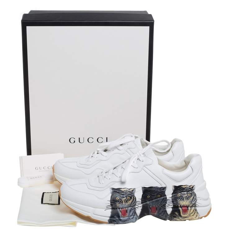 مملوكة مسبقًا Gucci White Leather Rhyton Tigers Print Low Top Sneakers Size 43