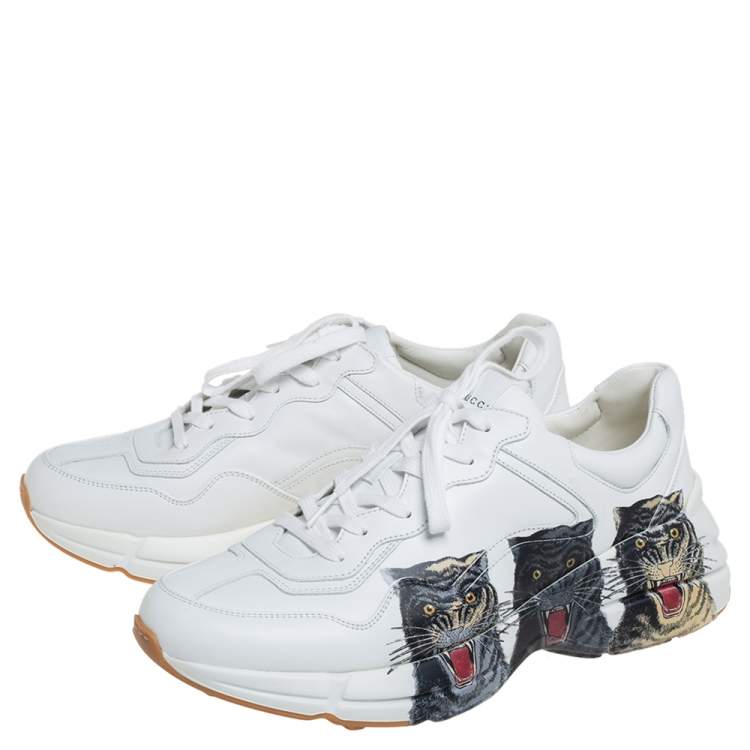 مملوكة مسبقًا Gucci White Leather Rhyton Tigers Print Low Top Sneakers Size 43