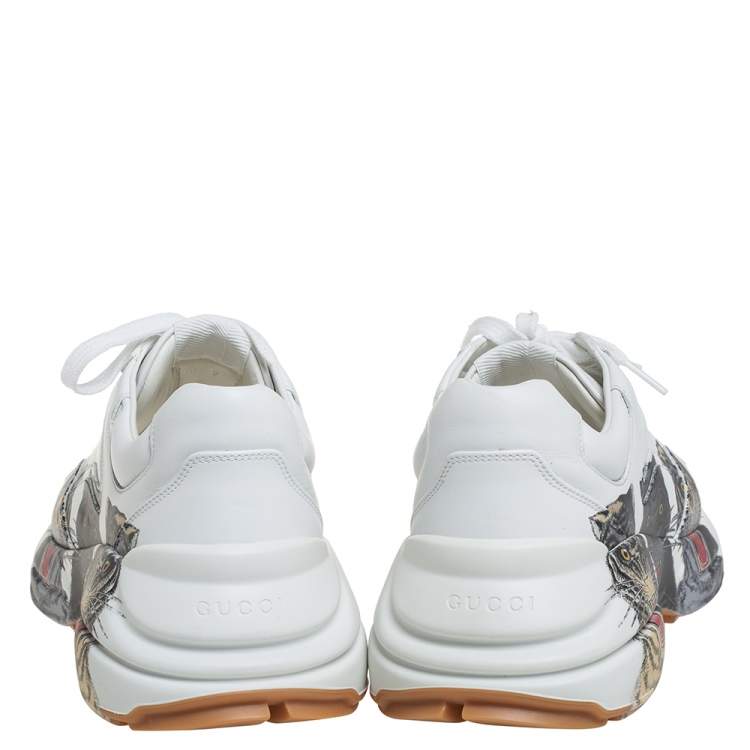 مملوكة مسبقًا Gucci White Leather Rhyton Tigers Print Low Top Sneakers Size 43