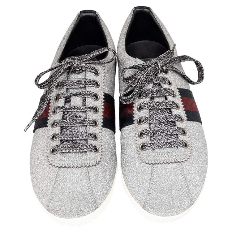 Pre Owned Gucci Silver Glitter Bambi Web Detail Low Top Sneakers Size 41