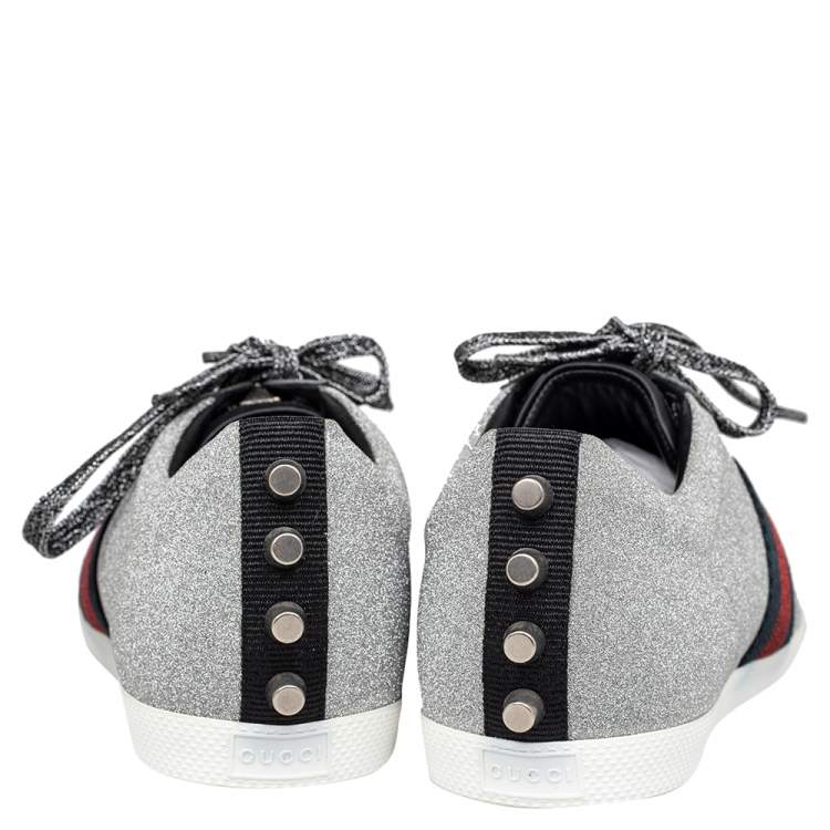Pre Owned Gucci Silver Glitter Bambi Web Detail Low Top Sneakers Size 41