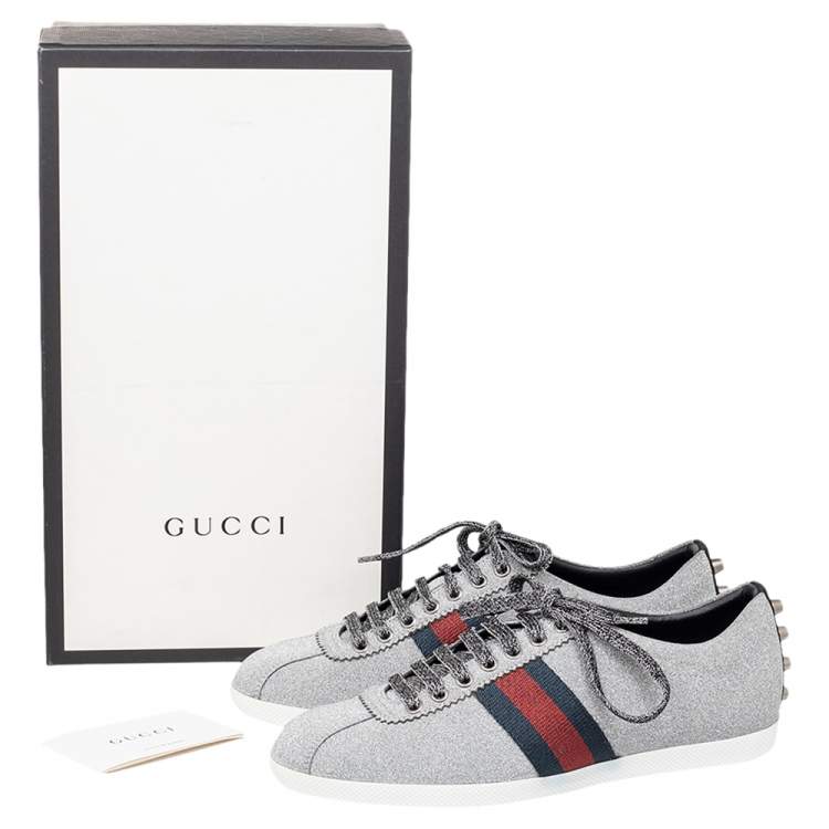 Pre Owned Gucci Silver Glitter Bambi Web Detail Low Top Sneakers Size 41