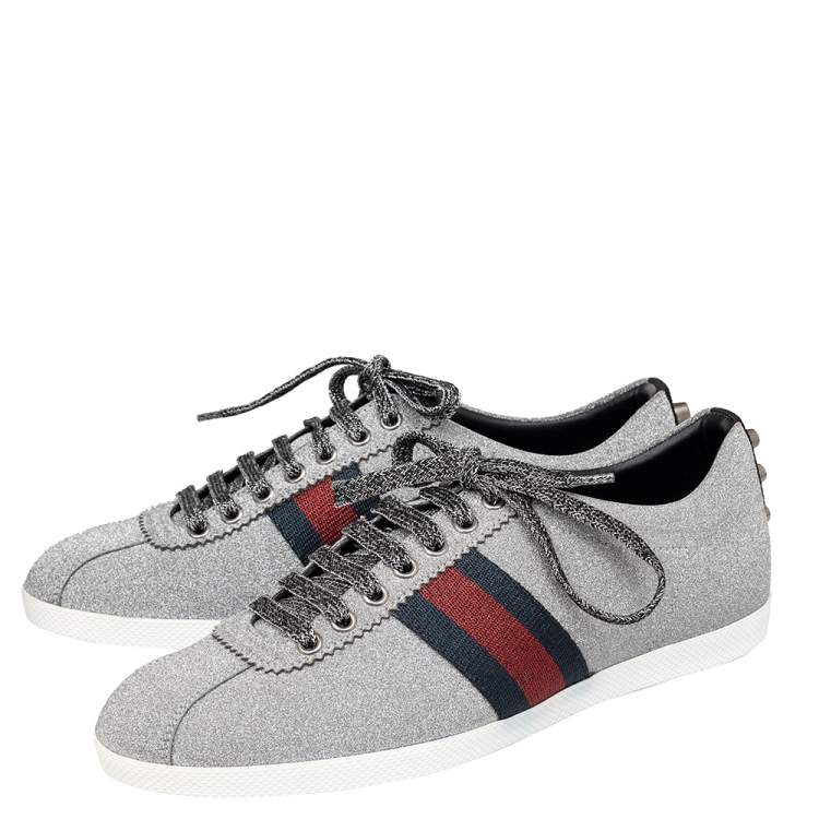Pre Owned Gucci Silver Glitter Bambi Web Detail Low Top Sneakers Size 41