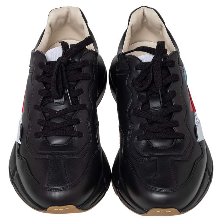 Pre Owned Gucci Black Leather Rhyton Web Print Low Top Sneakers Size 44