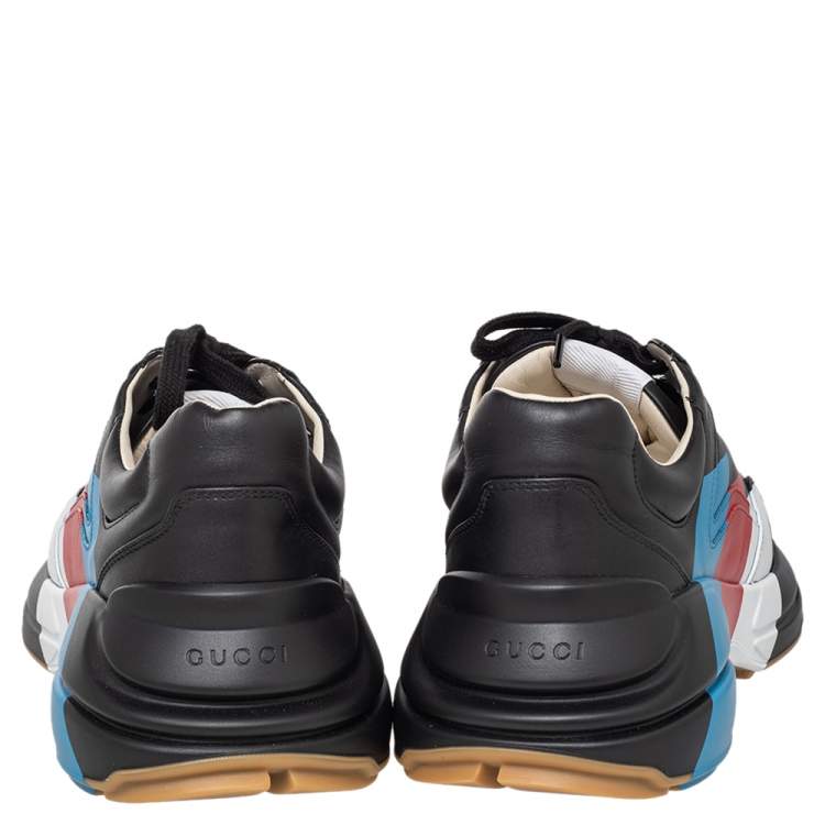 Pre Owned Gucci Black Leather Rhyton Web Print Low Top Sneakers Size 44
