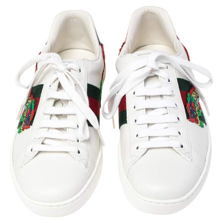 Pre Owned Gucci White Leather Ace Dragon Embroidered Low Top Sneakers Size 40