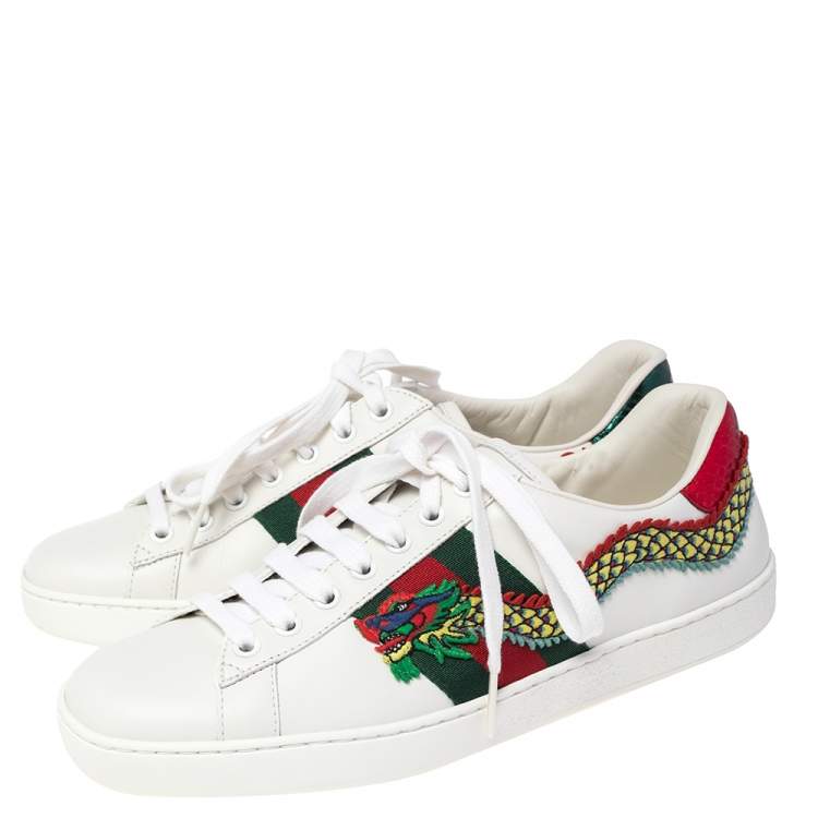 Pre Owned Gucci White Leather Ace Dragon Embroidered Low Top Sneakers Size 40