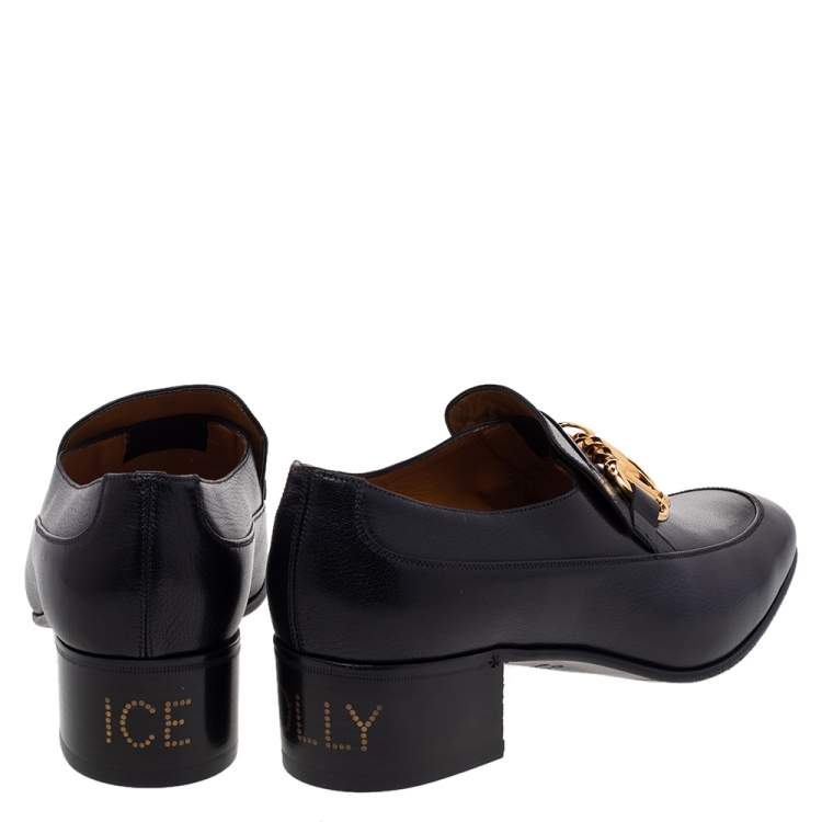 Pre Owned Gucci Black Leather Ice Lolly Chain Slip On Loafers Size 43.5