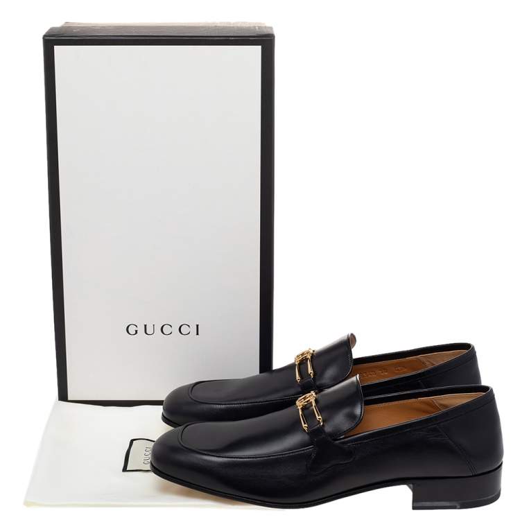 Pre Owned Gucci Black Leather Interlocking G Slip On Loafers Size 44