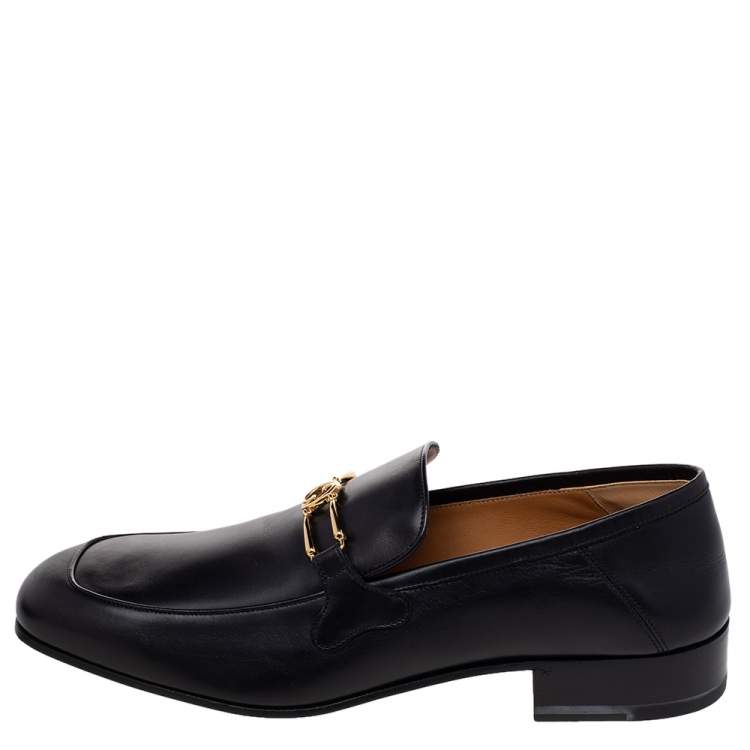 Pre Owned Gucci Black Leather Interlocking G Slip On Loafers Size 44