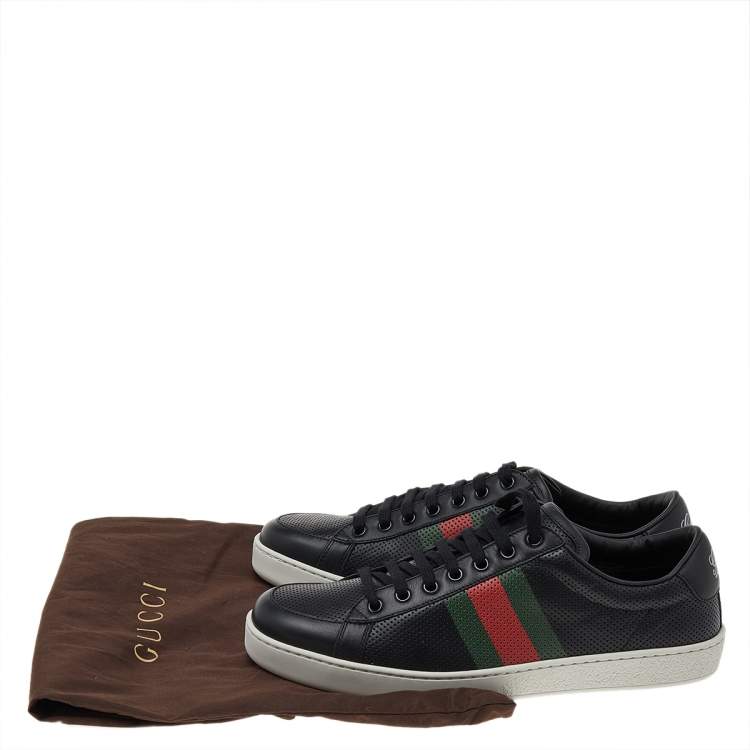 Pre Owned Gucci Black Perforated Leather Web Detail Low Top Sneakers Size 42.5