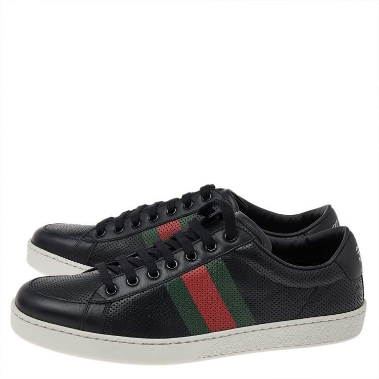 Pre Owned Gucci Black Perforated Leather Web Detail Low Top Sneakers Size 42.5
