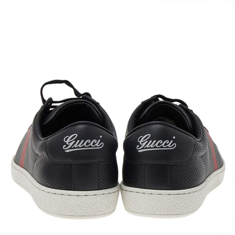 Pre Owned Gucci Black Perforated Leather Web Detail Low Top Sneakers Size 42.5