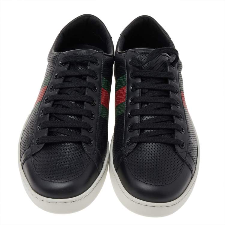 Pre Owned Gucci Black Perforated Leather Web Detail Low Top Sneakers Size 42.5