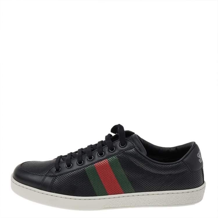 Pre Owned Gucci Black Perforated Leather Web Detail Low Top Sneakers Size 42.5