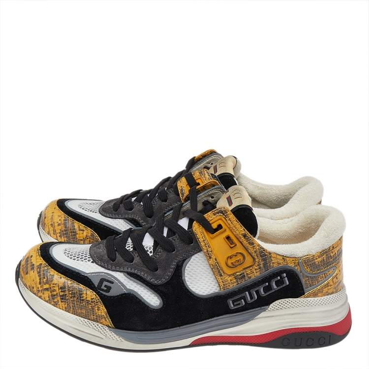 Pre Owned Gucci Multicolor Lizard Embossed Leather And Mesh Ultrapace Lace Up Sneakers Size 42.5