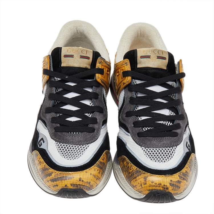 Pre Owned Gucci Multicolor Lizard Embossed Leather And Mesh Ultrapace Lace Up Sneakers Size 42.5