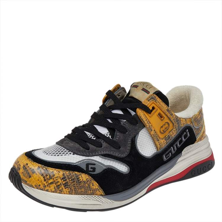 Pre Owned Gucci Multicolor Lizard Embossed Leather And Mesh Ultrapace Lace Up Sneakers Size 42.5