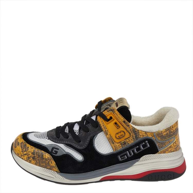Pre Owned Gucci Multicolor Lizard Embossed Leather And Mesh Ultrapace Lace Up Sneakers Size 42.5