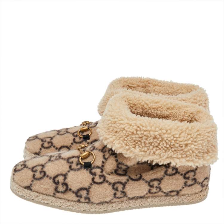 Pre Owned Gucci Beige GG Wool Horsebit Ankle Boots Size 42.5