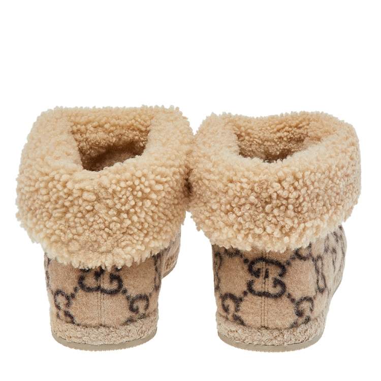 Pre Owned Gucci Beige GG Wool Horsebit Ankle Boots Size 42.5