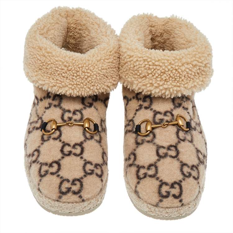 Pre Owned Gucci Beige GG Wool Horsebit Ankle Boots Size 42.5