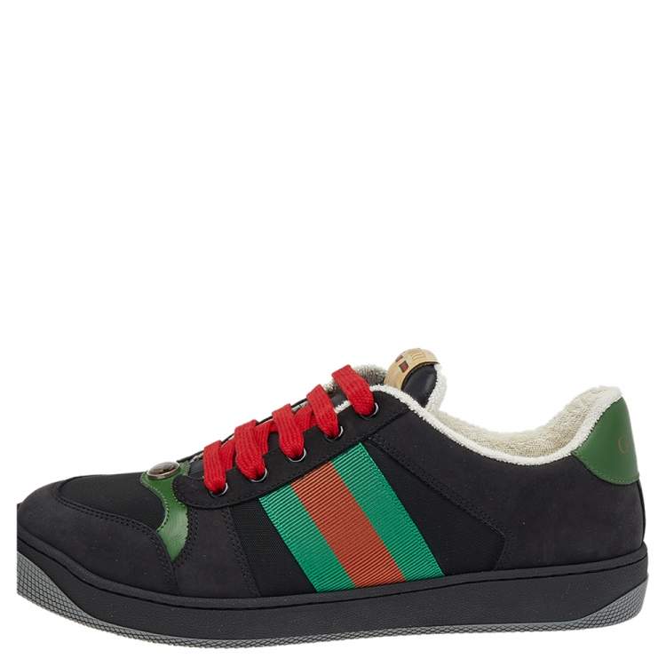 Pre Owned Gucci Black Leather And Canvas Web Lace Up Sneakers Size 42.5