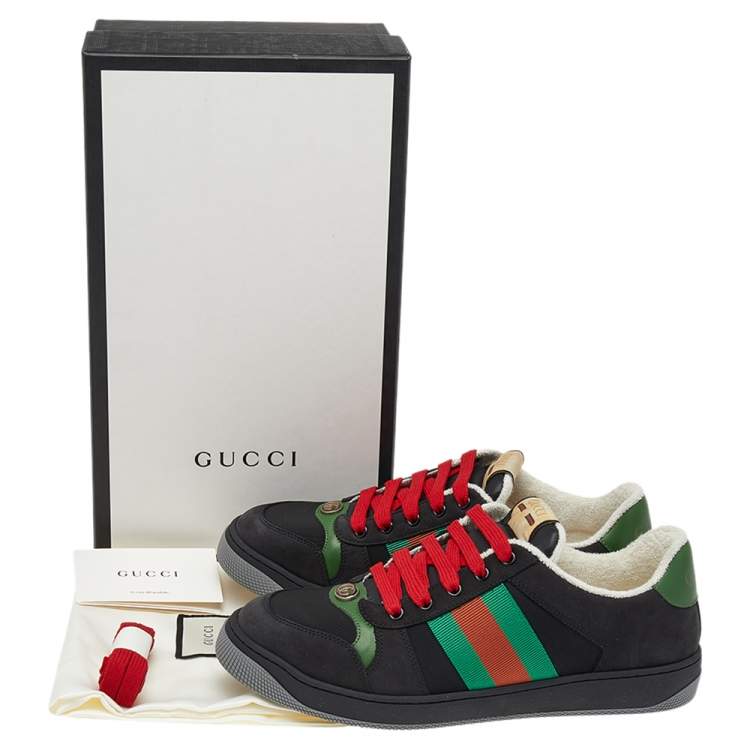 Pre Owned Gucci Black Leather And Canvas Web Lace Up Sneakers Size 42.5