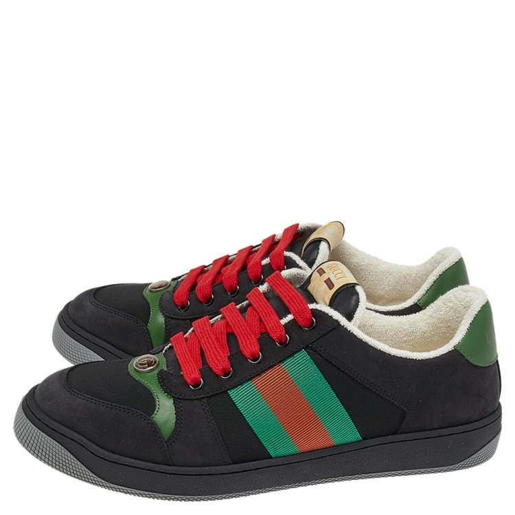 Pre Owned Gucci Black Leather And Canvas Web Lace Up Sneakers Size 42.5