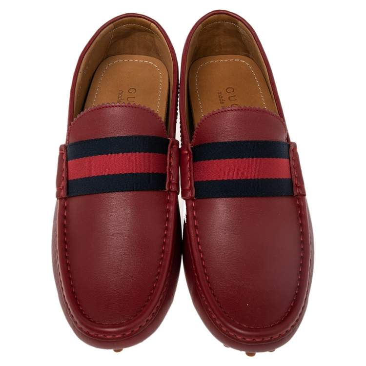 Pre Owned Gucci Red Leather New Auger Sylvie Web Accent Loafers Size 42.5