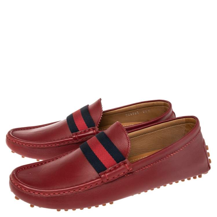 Pre Owned Gucci Red Leather New Auger Sylvie Web Accent Loafers Size 42.5