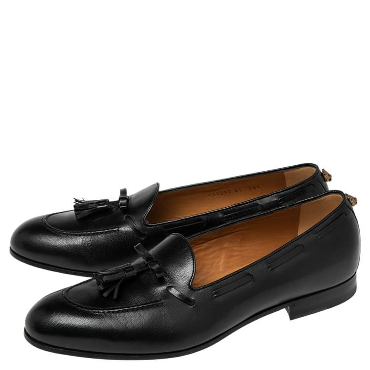Pre Owned Gucci Black Leather Tassel Slip On Loafers Size 45