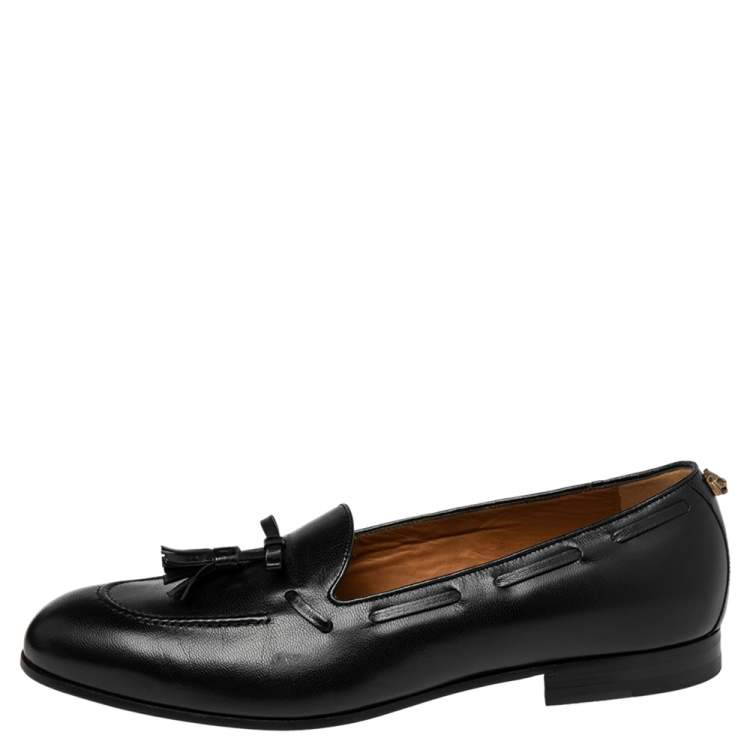 Pre Owned Gucci Black Leather Tassel Slip On Loafers Size 45