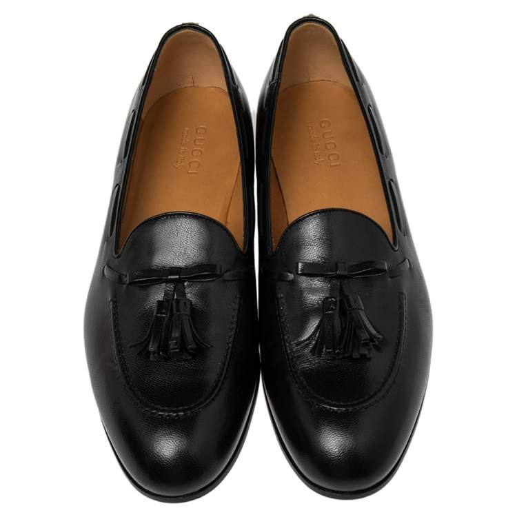 Pre Owned Gucci Black Leather Tassel Slip On Loafers Size 45