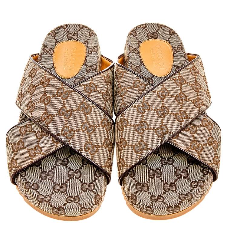 Pre Owned Gucci Beige/Brown GG Canvas And Leather Criss Cross Slide Sandals Size 42