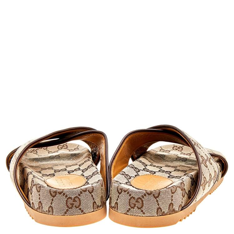 Pre Owned Gucci Beige/Brown GG Canvas And Leather Criss Cross Slide Sandals Size 42