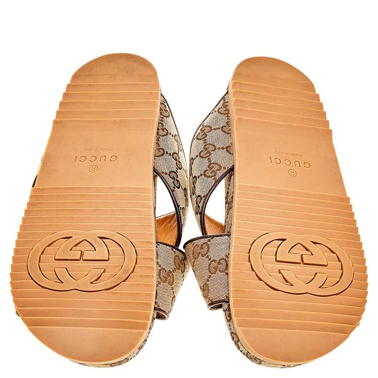Pre Owned Gucci Beige/Brown GG Canvas And Leather Criss Cross Slide Sandals Size 42