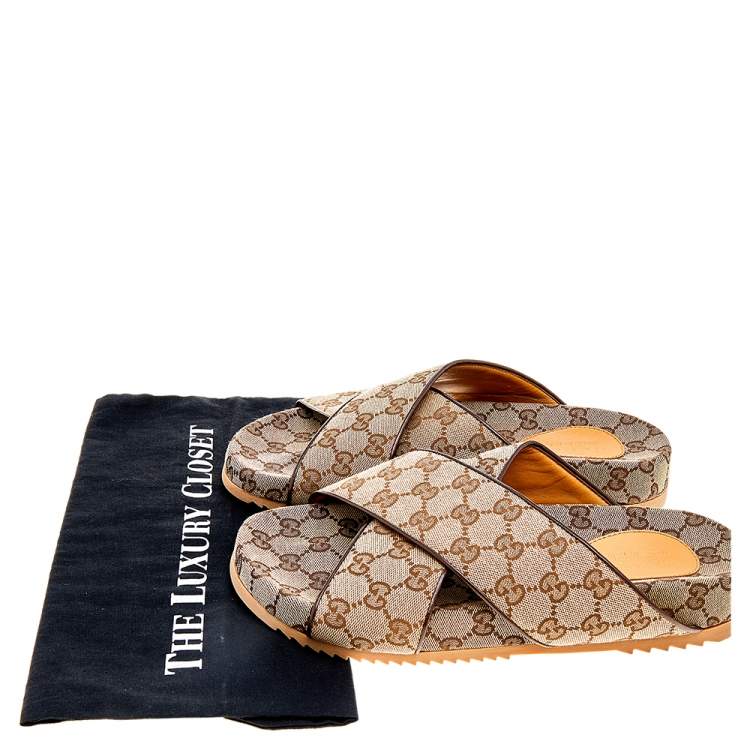Pre Owned Gucci Beige/Brown GG Canvas And Leather Criss Cross Slide Sandals Size 42