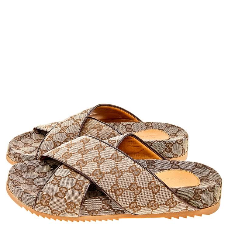 Pre Owned Gucci Beige/Brown GG Canvas And Leather Criss Cross Slide Sandals Size 42