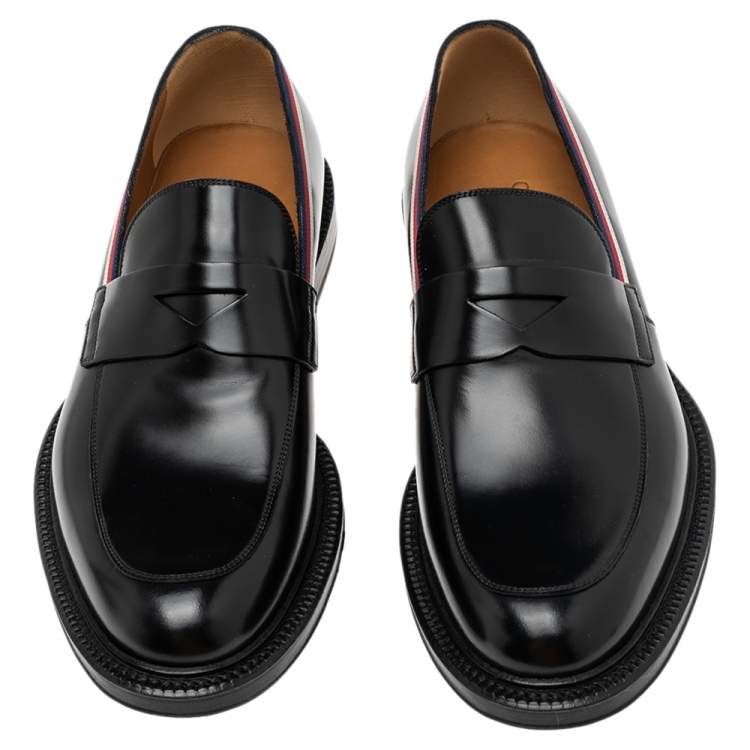 Pre Owned Gucci Black Glossy Leather Web Trim Loafers Size 43