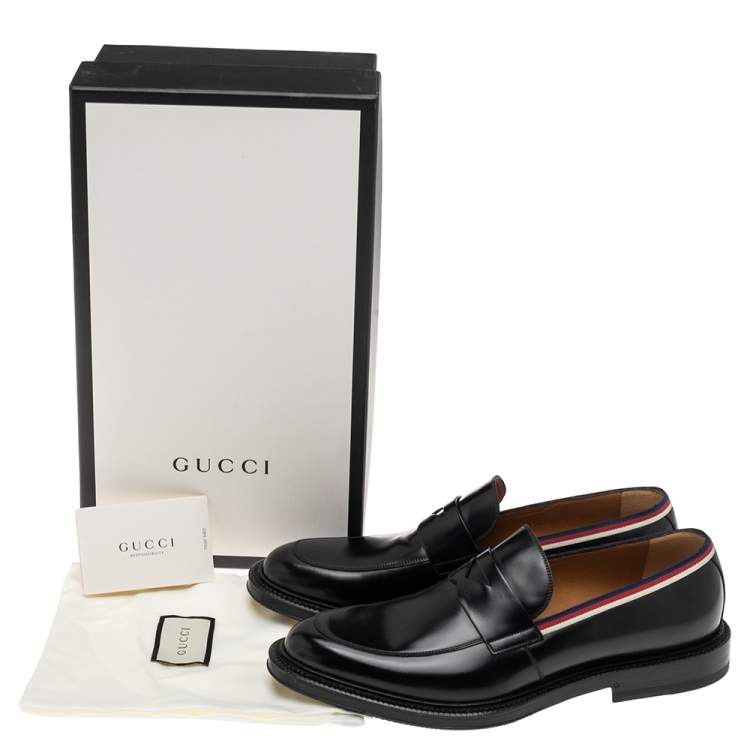 Pre Owned Gucci Black Glossy Leather Web Trim Loafers Size 43